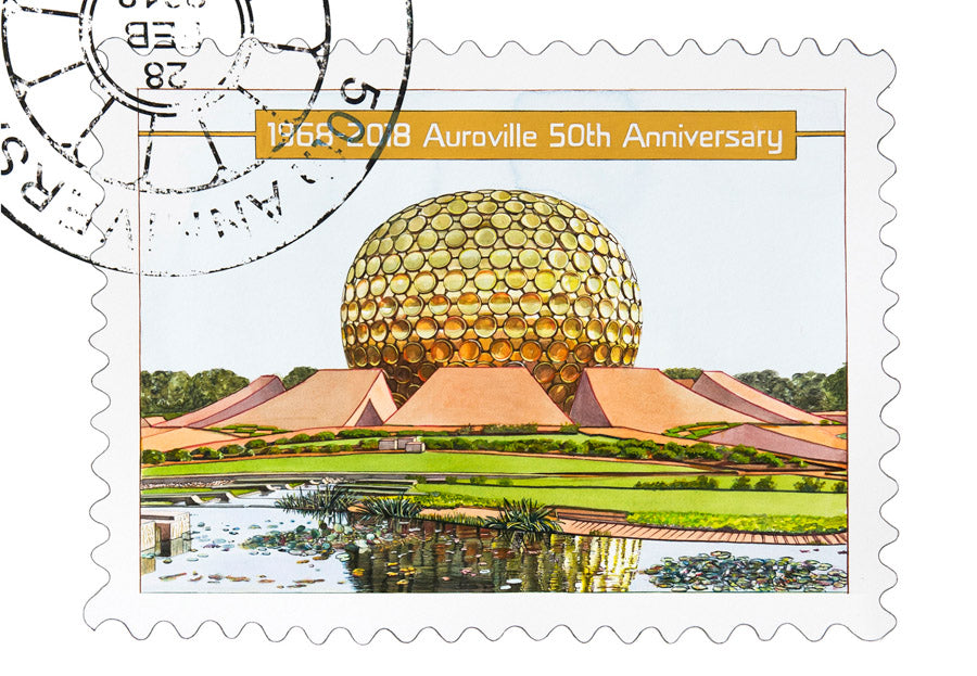 Auroville 50th Anniversary Hand-Painted Postcard